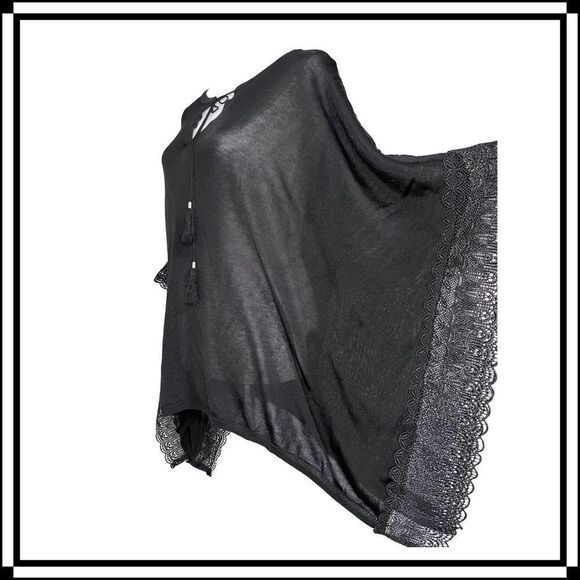 Like New! WHBM Lightweight Black Poncho with Lace Trim, size Med - Picture 2 of 5